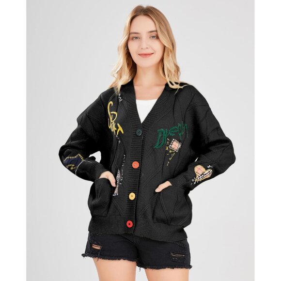 Womens Cable Knit Long Sleeve Open Front Sheep V-Neck Button Embroidery Sweater - Picture 2 of 4